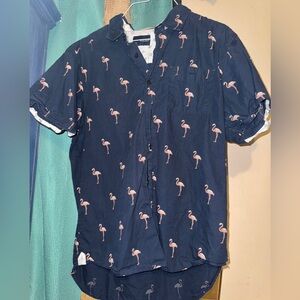 Men’s Navy Flamingo Print Short sleeve button up sunrise kingdom
